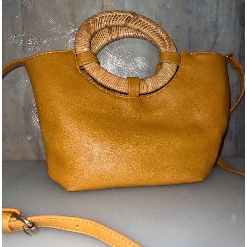 Anthropologie Crossbody Bag Womens Small Mustard Yellow Excellent Rattan Handle